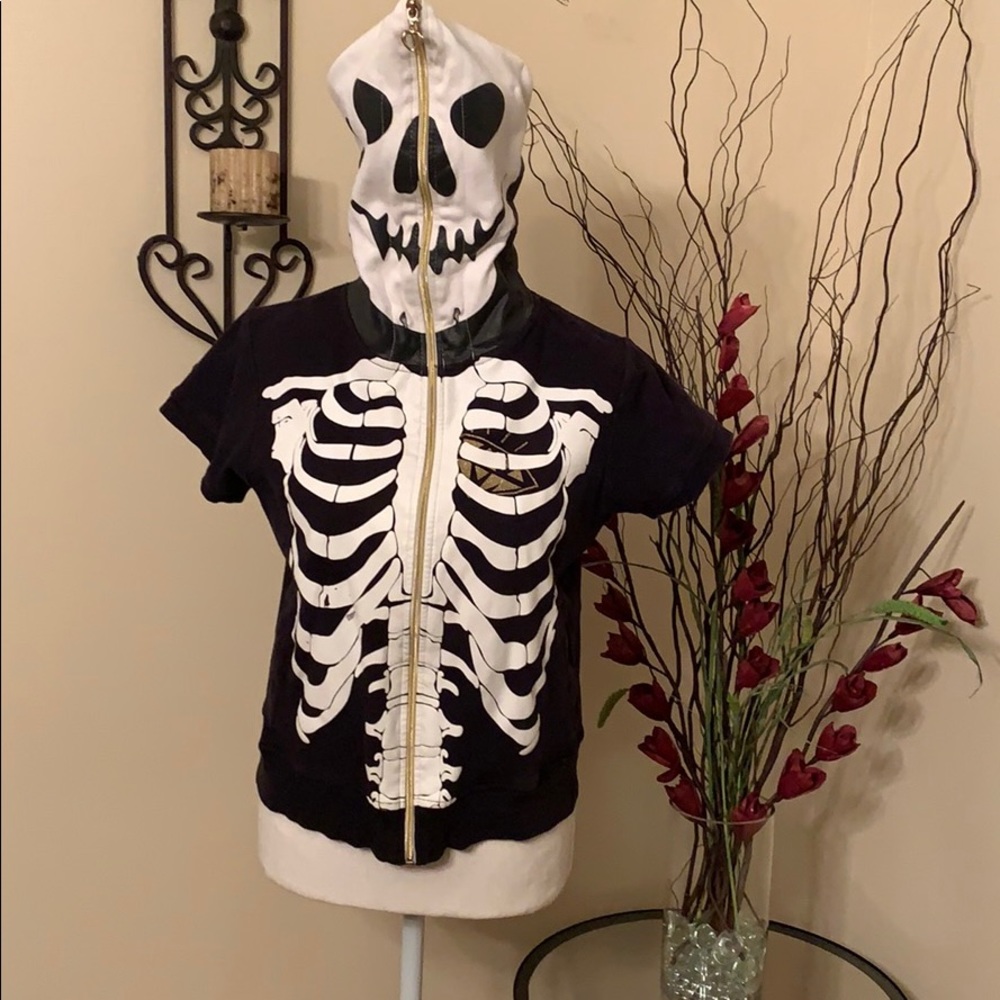 Skeleton Zip-up Short Sleeve Hoodie Sz medium